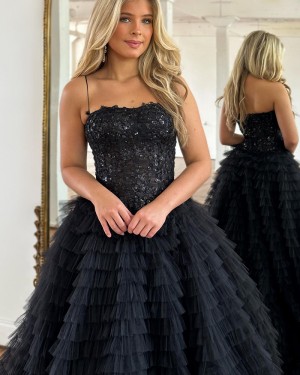 Sequin Bodice Spaghetti Straps Black Ruffle Prom Dress PD2548