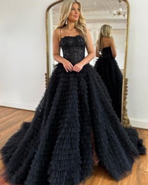 Sequin Bodice Spaghetti Straps Black Ruffle Prom Dress PD2548