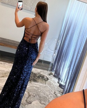 Navy Blue Sequin Spaghetti Straps Prom Dress with Side Slit PD2549