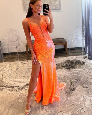 Orange Sequin Mermaid Spaghetti Straps Prom Dress with Appliques PD2550