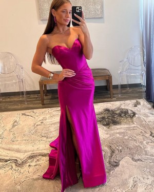 Eggplant Color Sweetheart Ruched Satin Mermaid Prom Dress with Side Slit PD2551