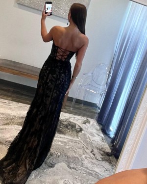 Black Lace Mermaid Sweetheart Prom Dress with Side Slit PD2552
