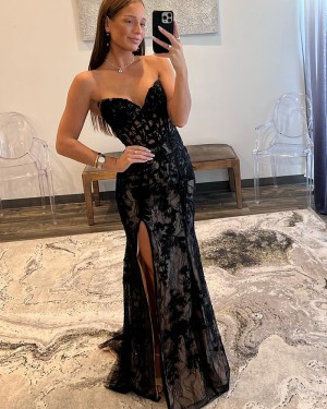 Black Lace Mermaid Sweetheart Prom Dress with Side Slit PD2552