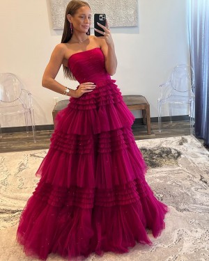 Special Burgundy Strapless Layered Tulle Prom Dress PD2554