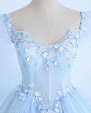 Sky Blue V-neck Applique Lace Ball Gown Prom Dress PD2557
