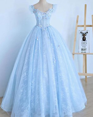 Sky Blue V-neck Applique Lace Ball Gown Prom Dress PD2557