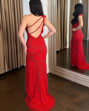 Red Beading One Shoulder Mermaid Prom Dress with Feathers PD2561