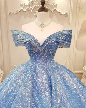 Sky Blue Off the Shoulder Sequin Ball Gown Quinceanera Dress PD2562