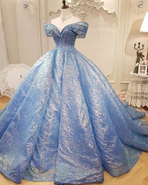 Sky Blue Off the Shoulder Sequin Ball Gown Quinceanera Dress PD2562