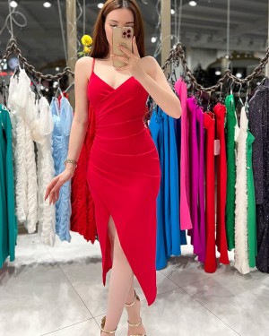 Satin Ruched Spaghetti Straps Red Mermaid Ankle Length Graduation Dress PD2563