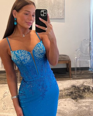 Beading Blue Spaghetti Straps Mermaid Prom Dress with Side Slit PD2564