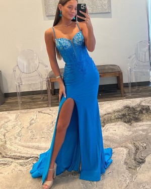 Beading Blue Spaghetti Straps Mermaid Prom Dress with Side Slit PD2564