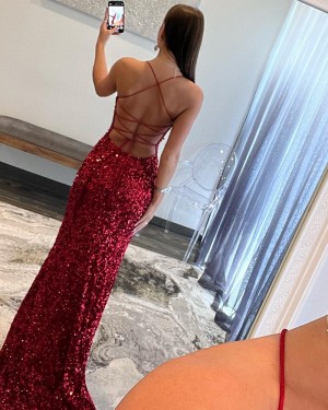 Burgundy Spaghetti Straps Sequin Prom Dress with Side Slit PD2566