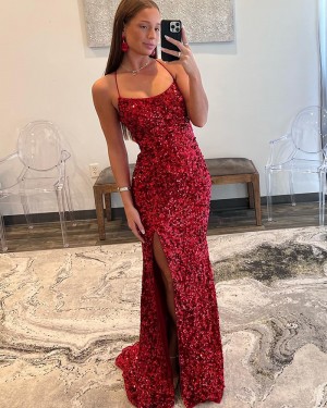 Burgundy Spaghetti Straps Sequin Prom Dress with Side Slit PD2566