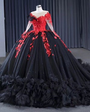 Red & Black Applique Sheer Neckline Ball Gown Quinceanera Dress with Long Sleeves PD2567