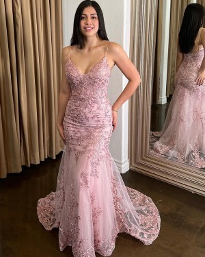Pearl Pink Lace Applique Spaghetti Straps Mermaid Prom Dress PD2569