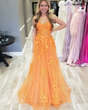 Orange Spaghetti Straps Lace Applique A-line Prom Dress PD2570