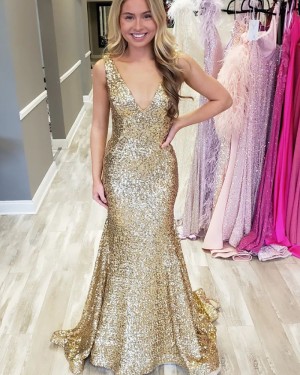 V-neck Gold Sequin Sparkle Mermaid Prom Dress PD2571