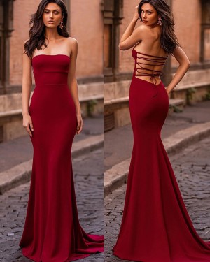 Strapless Burgundy Chiffon Simple Mermaid Prom Dress PD2574