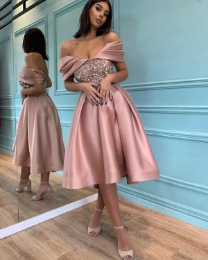 Beading Bodice Off the Shoulder Dusty Pink Satin Graduation Dress PD2575