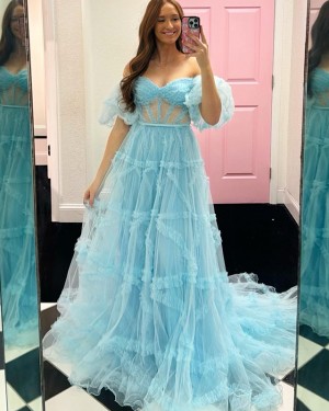 Cyan Tulle Applique Off the Shoulder Prom Dress with Short Sleeves PD2592
