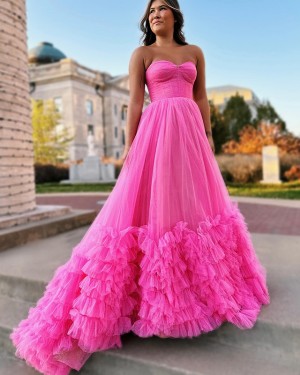 Special Pink Tulle Ruffled Strapless Prom Dress PD2593