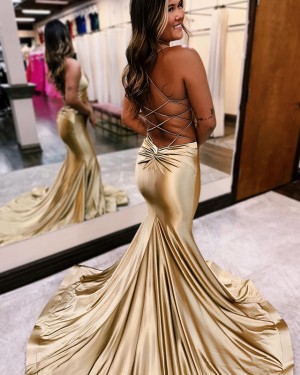 Metallic Champagne Spaghetti Straps Mermaid Prom Dress PD2594