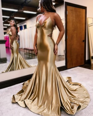 Metallic Champagne Spaghetti Straps Mermaid Prom Dress PD2594