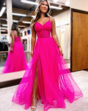 Simple Tulle Spaghetti Straps Pink Prom Dress with Side Slit PD2595