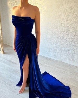 Blue Velvet Ruched Strapless Evening Dress with Side Slit PD2597