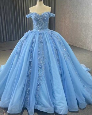 Sky Blue Beading & Handmade Flowers Off the Shoulder Ball Gown PD2598