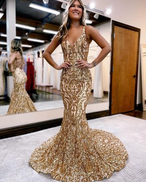 V-neck Gold Sequin Lace Unique Mermaid Prom Dress PD2599