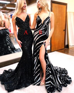 Black Sequin Lace Spaghetti Straps Mermaid Prom Dress PD2602