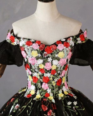 Floral Lace Applique Off the Shoulder Ball Gown with Short Sleeves PD2604