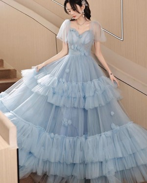 Dusty Blue Square Neckline Ruffled Handmade Flowers Prom Dress PD2605