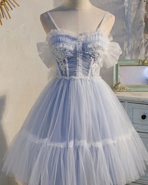Dusty Blue Beading Ruched Tulle Spaghetti Straps Homecoming Dress with Bowknot PD2607