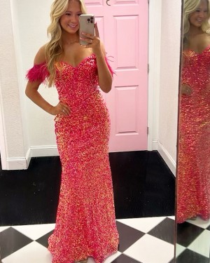 Coral Pink Sequin Off the Shoulder Prom Dress with Feathers PD2609