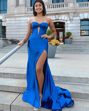 Blue Satin Ruched Sweetheart Prom Dress with Side Slit PD2612
