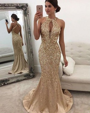 Long Gold High Neck Beading Cutout Mermaid Evening Dress PM1119