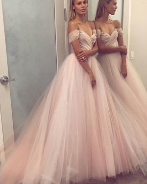 Pink Off the Shoulder Ruched Tulle Ball Gown Prom Dress PM1121