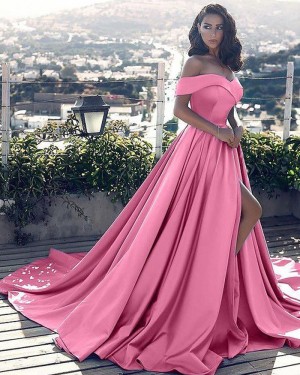 Pink Satin Off the Shoulder Ball Gown Formal Dress with Side Slit PM1128