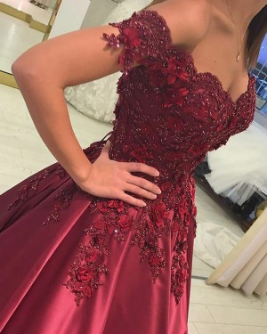 Off the Shoulder Burgundy Beading Handmade Flowers Ball Gown Prom Dress PM1129