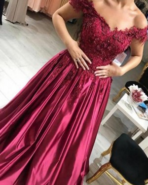 Off the Shoulder Burgundy Beading Handmade Flowers Ball Gown Prom Dress PM1129