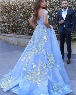 Sky Blue Appliqued Off the Shoulder Ball Gown Prom Dress with Pockets PM1130