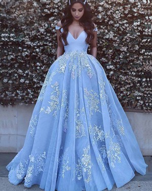 Sky Blue Appliqued Off the Shoulder Ball Gown Prom Dress with Pockets PM1130