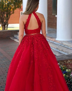 Long Red High Neck Two Piece Lace Appliqued Prom Dress PM1133