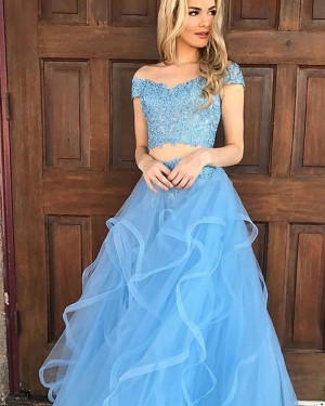 Sky Blue Two Piece Tulle Off the Should Appliqued Prom Dress PM1134