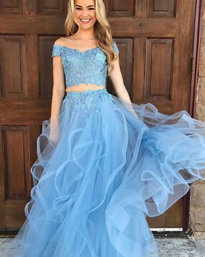 Sky Blue Two Piece Tulle Off the Should Appliqued Prom Dress PM1134