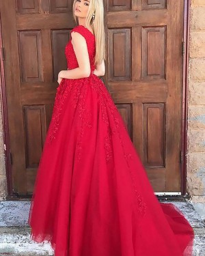 Long Red V-neck Appliqued Prom Dress with Beading Belt PM1136