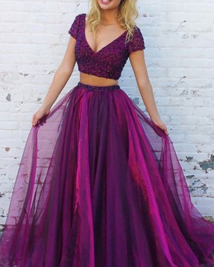 Elegant Purple Tulle Two Piece Beading Bodice Prom Dress PM1139